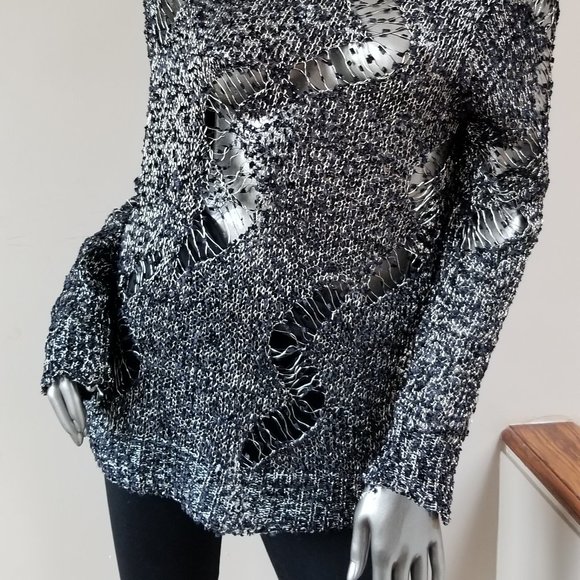 Black and Silver Ripped Design Long Sweater - with Free Gift - Picture 2 of 4